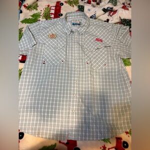 Magellan Shiner Bock  Men's Light Blue Plaid Button Down Shirt Pearl Snaps